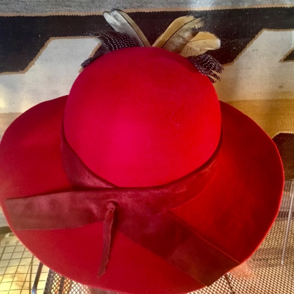 Vintage Red Red 100% wool felt hat by AmyG O/S red suede and wild bird feathers